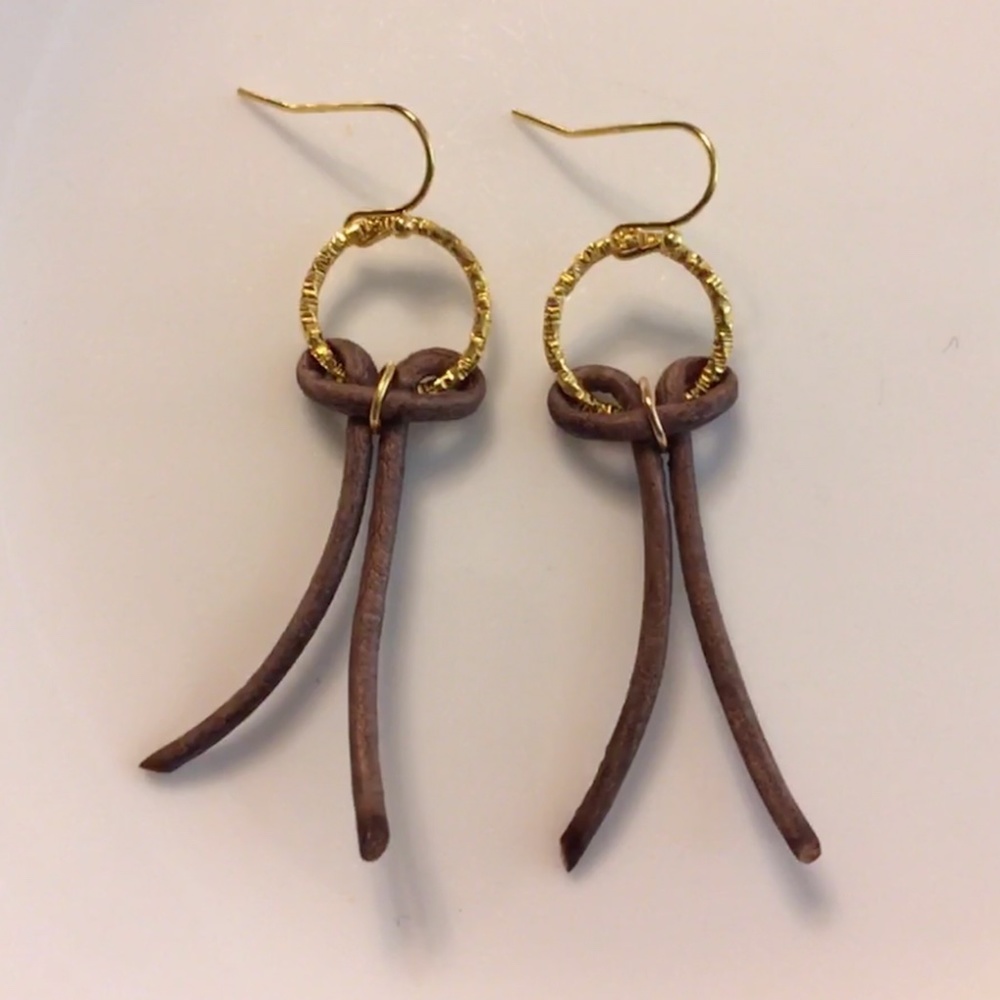 HAND CRAFTED Khaki Tan Round Leather Bow Pierced Earrings 2 1/4 β long